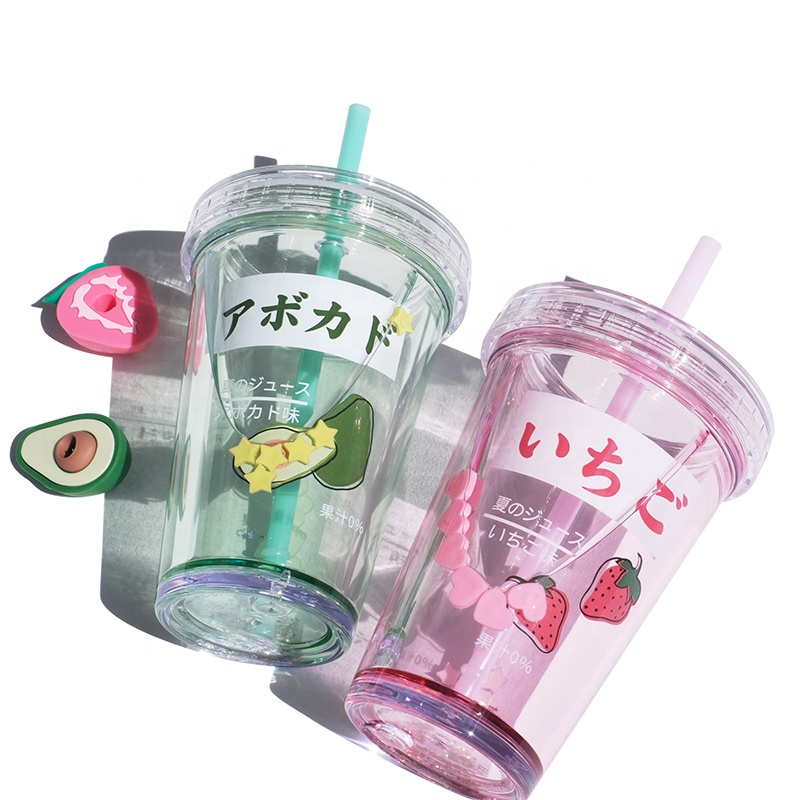 Пластиковая чашка Girlwill с двойными стенками и водой внутри, соответствует стандартам, кружки, стакан для воды на заказ с соломинкой и силиконовыми фруктами
