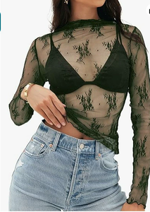 Top in Pizzo Floreale <span class=keywords><strong>Trasparente</strong></span> da <span class=keywords><strong>Donna</strong></span>, Manica Lunga, Collo Alto, Top a Strati in Rete, Maglietta Floreale Sexy <span class=keywords><strong>Trasparente</strong></span>, Blusa da Strada - Product Image 6