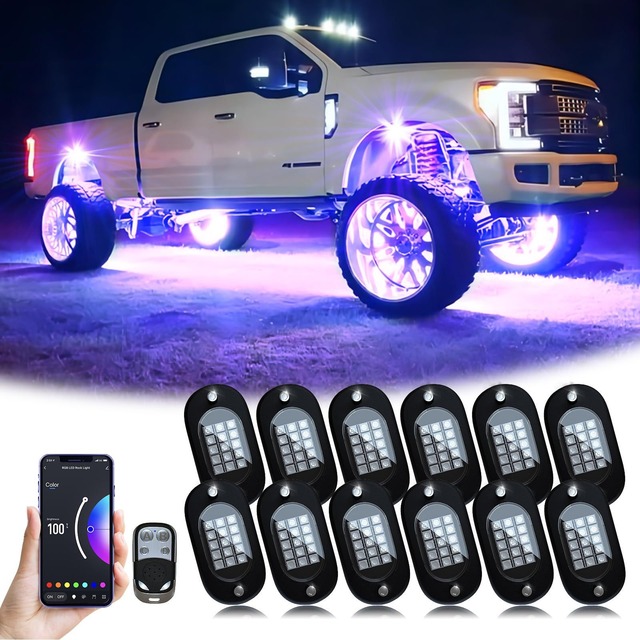 Wholesale 12 in 1 12V 12W RGB LED Rock Light Wheel Underglow for Universal Car APP Remote Control Music Sync Offroad Rock Light