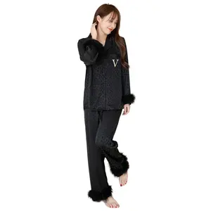 New women's silk pajamas plus size sleepwear Long sleeve trousers silk feather nightgown solid color jacquard casual home wear