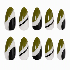 Faux ongles à presser tendance, longs, forme amande, color block, finition brillante, motif lignes <span class=keywords><strong>vert</strong></span> <span class=keywords><strong>olive</strong></span>, blanc et noir, pour usage quotidien et soirées - Product Image 4