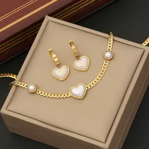 YASHI set Perhiasan Wanita Mode berlapis emas 18k baja tahan karat kalung gelang gantung hati mutiara kerang