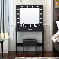 Kit de vanité de chambre à coucher moderne noire Commode à panneaux de bois avec lumières Organisateur de miroir Ensemble de table pour hôtel Caractéristique Design de stockage
