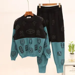 Color Block Lady's Knit Top and Pants Autumn Winter Women's Embroidered Pullover Sweater 2 Piece Outfits Sweater Tracksuits