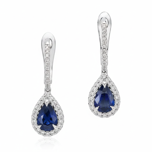 Aro de oro blanco-Pendiente de gota con piedra de zafiro y pendientes de diamantes tachonados de diamantes blancos - Product Image 2