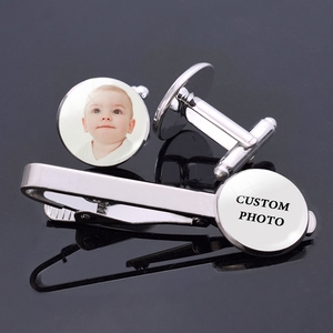 Gemelos Personalizados con Foto, Diseño a Medida, Joyería Plateada, Regalo de Boda para <span class=keywords><strong>Caballero</strong></span>, Gemelos y Pasador de Corbata Personalizados - Product Image 1