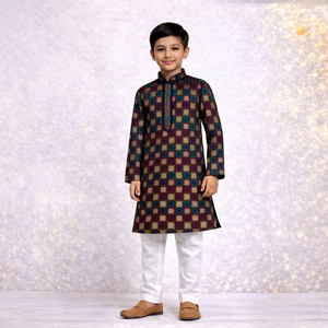 <b>Boys</b> Rayon Sequence <b>Kurta</b> Multicolor Checkered Embroidery Traditional Ethnic Wedding Wear Indian Clothing Regular Fit - Product Image 1