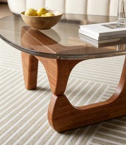 Table basse moderne en bois avec plateau en verre trempé, design mi-siècle, meubles de salon faits à la main - Product Image 3
