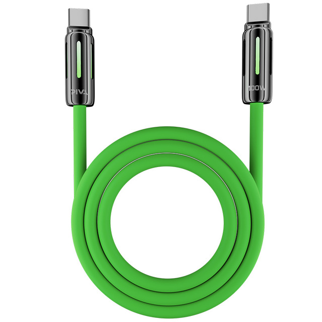 Piva Green RGB Breathing Light USB C Liquid Silicone 480Mbps 1.5m 5A PD100W Fast Charging Data Cable for Laptop Tablet Phone