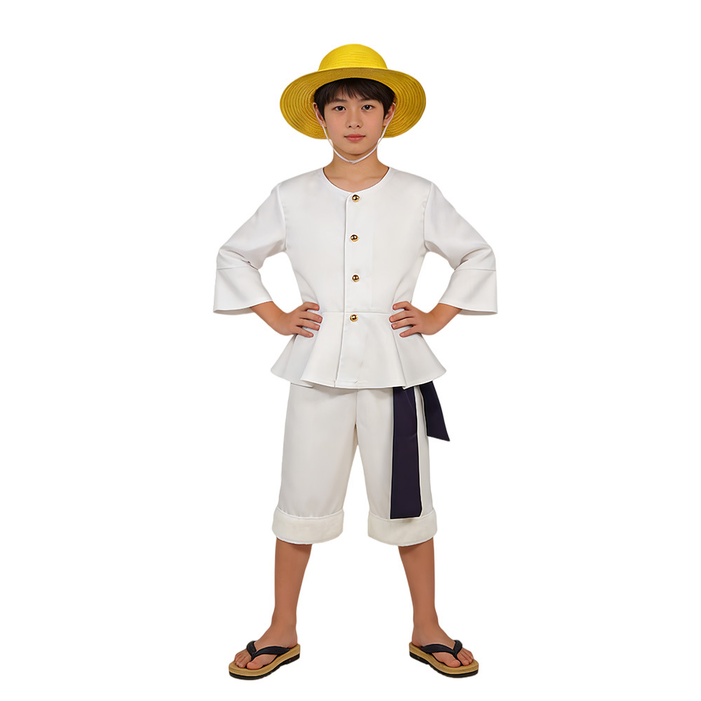 Luffy blanc (chemise, ceinture, pantalon, chapeau de paille)