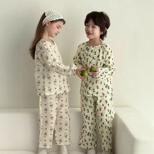 Pijamas de manga larga de gasa de punto de algodón puro con patrón de dibujos animados para mujeres, hombres, niños, cintura elástica, tallas medianas y grandes para el hogar - Product Image 3