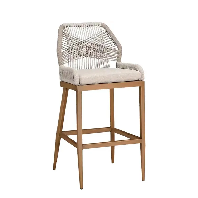 Wholesale Custom Minimalist Patio Wooden Texture Pub Counter Bar Chair Woven Rope Contemporary Outdoor High Bar Stools