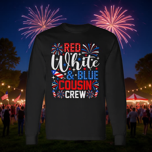 T-shirt à manches longues rouge, blanc et bleu Cousin Crew, design feux d'artifice du 4 juillet, col rond unisexe pour adulte - Product Image 3