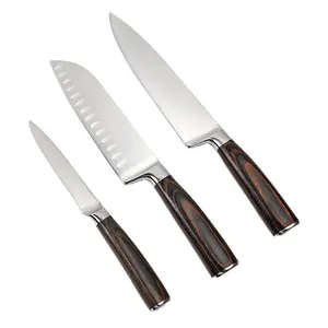 Set di coltelli da cuoco professionale in acciaio inossidabile ad alto tenore di carbonio da 3 pezzi con lama affilata e manico in legno