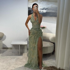 Abito da Sera <span class=keywords><strong>Lungo</strong></span> Personalizzato Stile Sirena con Fiori 3D, <span class=keywords><strong>Spacco</strong></span> Laterale e Collo Halter per Occasioni Formali e Feste Femminili - Product Image 1