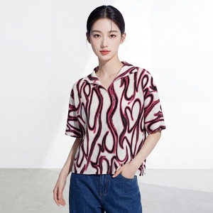 PY Korean Style Casual Geometric Loose Pleated T-shirt Women Fashion Print Stand Collar Short Sleeve Blouse 100% Polyester Bulk - Product Image 2
