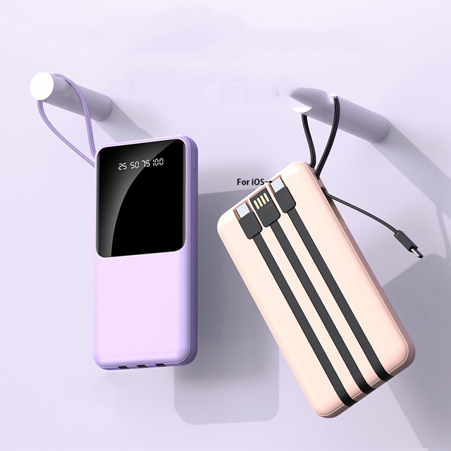Portable Top Sale 20000mAh Fast Charging Power Bank Built-in 4 Cables Power Bank With LED Screen