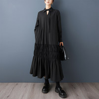 Nouvelle Robe Chemise Femme 2026 en Gros avec Nœud Ruban, Jupe Étages Smockée, Manches Longues Fluides, Maxi Élégante Minimaliste Automne Printemps