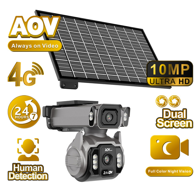 24/7 Video Recording 12X Optical Zoom Solar Outdoor Security Camera 4G SIM Dual Screen Pan-Tilt CMOS AI Humanoid Tracking