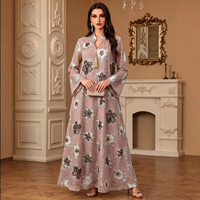 Abaya pour femmes musulmanes, col en V, élégante, col montant, broderie florale à sequins et perles, manches évasées, robe longue en polyester pour soirée