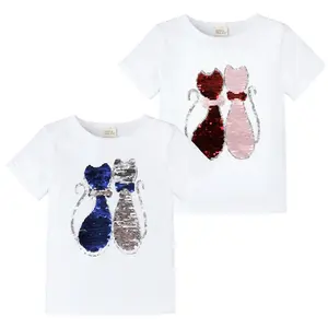 New Design Summer Sequin Cat Girls T Shirt For Kids Blank Girl T-Shirt
