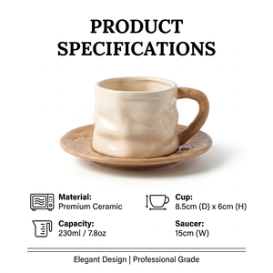 BloomSip Ensemble tasse à café et soucoupe en céramique sculpturale froissée, Mug artistique froissé couleur <span class=keywords><strong>crème</strong></span>, Vente en gros, Logo personnalisé, OEM ODM, Cadeau esthétique - Product Image 2