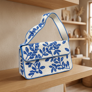 Handmade <b>Blue</b> Floral Glass Beaded <b>Clutch</b> Embroidered Women's Designer Button Closure Lightweight Flap Purse Wholesale OEM ODM - Product Image 2