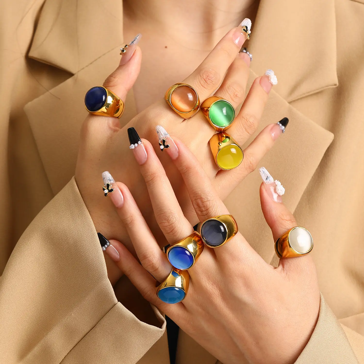 Joyería de acero inoxidable de moda nórdica, anillos de dedo de moda chapados en oro de 18 quilates, anillos de ópalo de piedra Natural delicados de Hip Hop