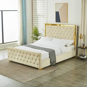 モダンラグジュアリーベッド ゴールデンミラービーム ベルベット生地張り キングサイズ ガスリフト オットマン収納ベッドフレーム - Product Image 2