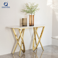 QIANCHENG Table console longue d'entrée en marbre artificiel blanc de style baroque, design italien, acier inoxydable, style moyen-oriental