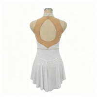 Robe de patinage artistique blanche à col halter et col en V, manches longues en maille, jupe ornée de strass pour enfants et filles, idéale pour les spectacles sur scène