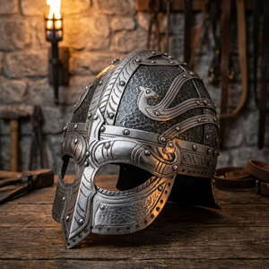 Casco Vikingo de Acero Plateado, Armadura Antigua, Pieza de Arte Coleccionable, Artesanía de Fundición - Product Image 2