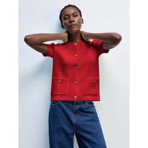 <b>Women's</b> Navy Blue <b>Short</b> Sleeve Button Front Knit <b>Cardigan</b> with Pockets - Product Image 3