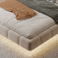 Lit de luxe Wabi-sabi avec suspension lumineuse, double rembourrage en tissu, bois massif