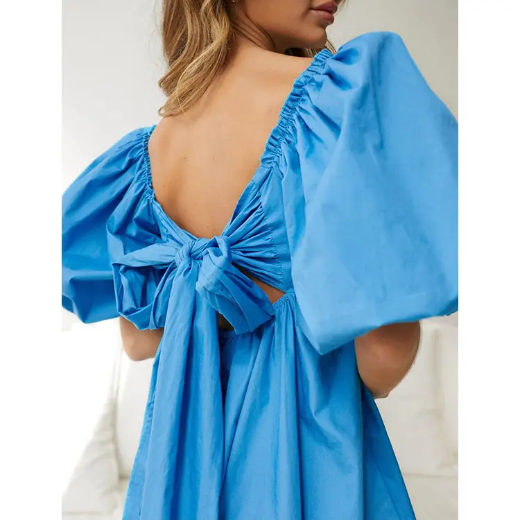 Hot Sale Customization Women Fashion Babydoll Shape Tie Bow Back Pleated Cotton Puff Sleeve Mini Summer Dress