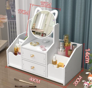 Organisateur de coiffeuse multifonctionnel en bois de style nordique de luxe - Boîte de rangement cosmétique avec miroir rond blanc et accents d'oreilles de chat & <span class=keywords><strong>Bui</strong></span> - Product Image 4