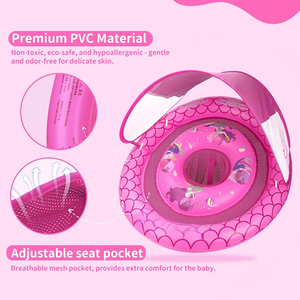 Bouée de piscine pour bébé en PVC rose à écailles de sirène avec auvent solaire amovible et siège de sécurité réglable - Product Image 3