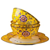 Service de table pour usage domestique, luxe léger, céramique de Jingdezhen, porcelaine fine émaillée haut de gamme, compatible micro-ondes, bordure dorée, peint à la main, pour 2 personnes