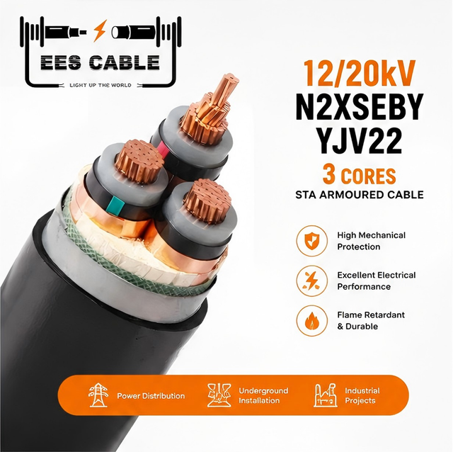 12/20kV 24kV N2XSEBY 3 Cores 35-300mm2 MV Power Cable YJV22 CU XLPE PVC with STA Armoured IEC 60502-2 EESCABLE