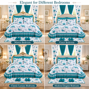 Set Copriletto Trapuntato Floreale da 15 Pezzi con Tende Coordinate per Arredamento Camera da Letto all'Ingrosso - Product Image 6