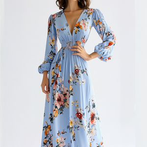 Vendita calda da donna con scollo <span class=keywords><strong>a</strong></span> V <span class=keywords><strong>a</strong></span> vita lunga maniche <span class=keywords><strong>a</strong></span> <span class=keywords><strong>palloncino</strong></span> <span class=keywords><strong>a</strong></span> vita alta <span class=keywords><strong>abiti</strong></span> stampati <span class=keywords><strong>a</strong></span> fiori donna <span class=keywords><strong>taglie</strong></span> <span class=keywords><strong>forti</strong></span> abito Casual - Product Image 6