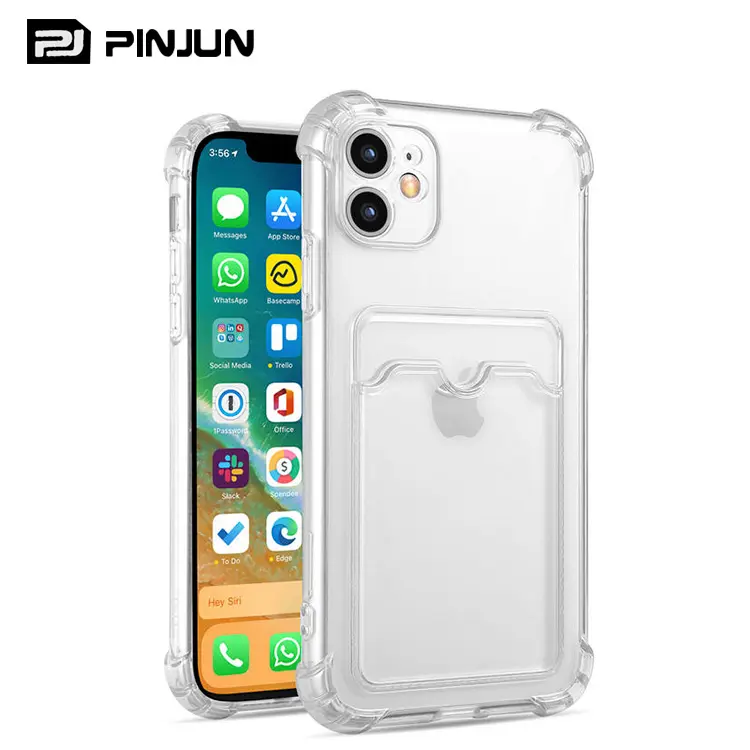 PINJUN 4 Corner Airbags Wallet Design Card Slot Transparent Tpu Cartera Para Celular For iPhone 13 12 11 Pro Max Clear Case