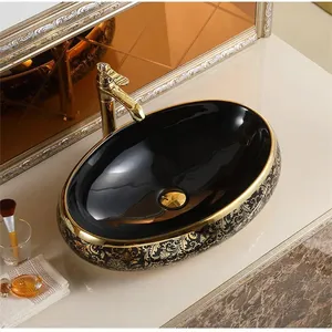 Encimera de baño de lujo, lavamanos de diseño dorado y negro, lavamanos artísticos de fácil limpieza