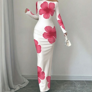 Robes ajustées à manches longues et épaules dénudées à imprimé floral pour femmes, mode - Product Image 1