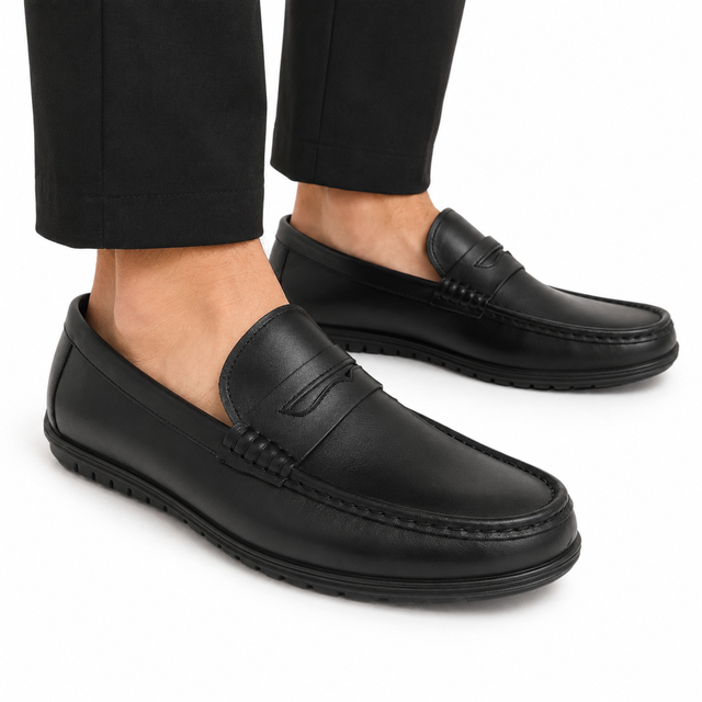 Custom High Quality Black Smooth Leather Penny Loafers with Durable Rubber Sole for Office Wear Men Loafer