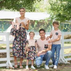 Verano logotipo personalizado <span class=keywords><strong>madre</strong></span> <span class=keywords><strong>e</strong></span> hija vestido diseño bebé camiseta fibra de bambú ropa familia juego trajes - Product Image 6