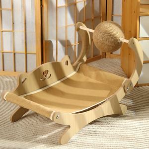 3 In 1 Kat <span class=keywords><strong>Lounge</strong></span> Houten Kat Mini Strandstoel Met Krabber Speelgoed Bal Wasbaar Verhoogde Kat Hangmat Bed - Product Image 4