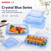 Sunzza Boîte à emporter pour sushis Plateau à sushi en plastique bleu transparent avec couvercle anti-buée Conteneur rectangulaire à emporter pour sashimi