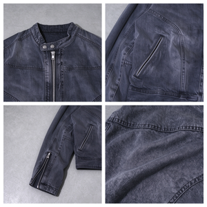 Wholesale <b>Y2K</b> <b>Streetwear</b> Washed Black Moto Biker Denim Jacket Custom Mens Double Zipper Casual Stand Collar Coats TKAN1008 - Product Image 4