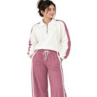 Ensemble de survêtement rose à capuche pour femme, motif à pois, bandes latérales blanches, pull demi-zip, coupe ample, pantalon de survêtement décontracté pleine longueur